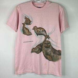 Vintage Hanes Fifty Fifty Milwaukee Zoo Seal Pink Single Stitch Tshirt Small 90s